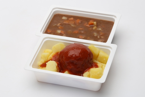 Müzliszelet (2 db), Zöldséges szárazbableves, Paradicsomos húsgombóc, főtt burgonya