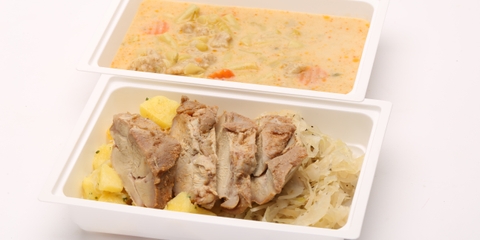 Magyaros zöldbableves GM tarhonyával, Pulykasült tárkonyos pirított savanyú káposztával, petrezselymes burgonyával Magyaros zöldbableves GM tarhonyával, Pulykasült tárkonyos pirított savanyú káposztával, petrezselymes burgonyával