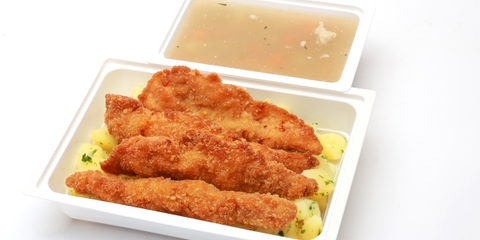 Sertésraguleves, Fűszeres-mustáros rántott csirkecsíkok, petrezselymes burgonya