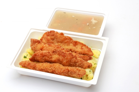 Sertésraguleves, Fűszeres-mustáros rántott csirkecsíkok, petrezselymes burgonya