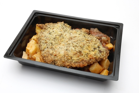 Csirkesteak mogyorós kéregben, Mediterrán burgonyás lecsó