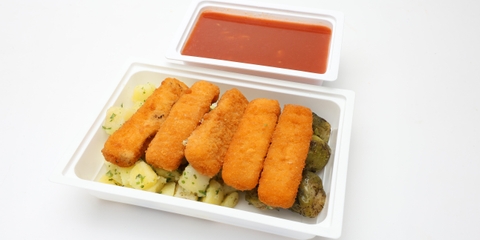 Paradicsomleves, betűtészta, Halrudacskák rántva, petrezselymes burgonya, Pirított kelbimbó