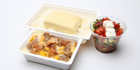 Mézes-mustáros tofu, rizs, Görögsaláta, Fitnesz aranygaluska barackos vaníliasodó (230g) Mézes-mustáros tofu, rizs, Görögsaláta, Fitnesz aranygaluska barackos vaníliasodó (230g)