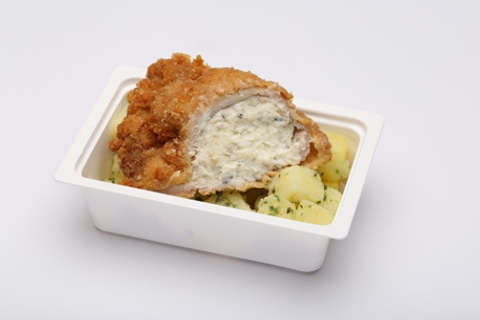 Medvehagymás krémsajttal töltött borda rántva, petrezselymes burgonya