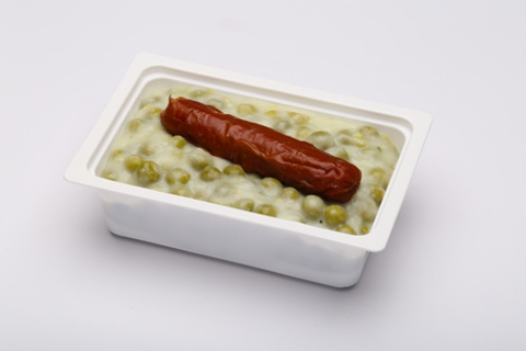 Zöldborsófőzelék , sertésvirsli