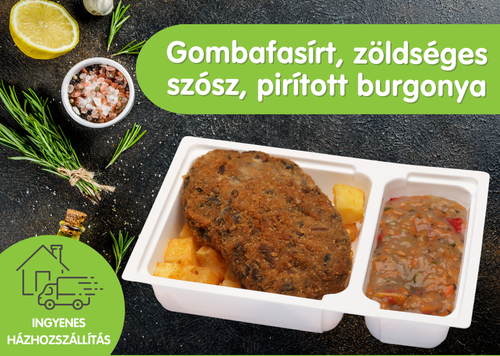 Vegán gombafasírt friss bazsalikomos, zöldséges szószban, pirított burgonya