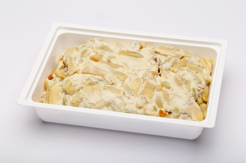 Vegán rakott zöldbab, gabonacsemegével, tofutejföllel